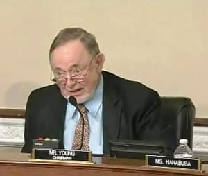 Alaska Rep. Don Young oversees a House Subcommittee on Indian and Alaska Native Affairs hearing on Sealaska land-selection legislation two years ago. (File photo courtesy of the House Subcommittee.)