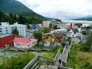 A view of downtown Ketchikan from the top of a long flight of boardwalk steps. (KRBD file photo)