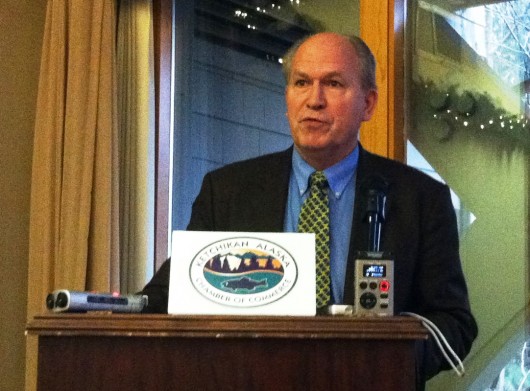 Bill Walker speaks during a December Ketchikan Chamber of Commerce luncheon.