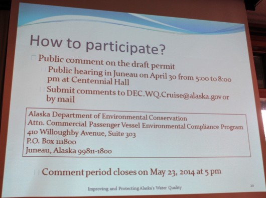 A slide from Michelle Hale's presentation shows how the public can comment on the cruise wastewater permit process.