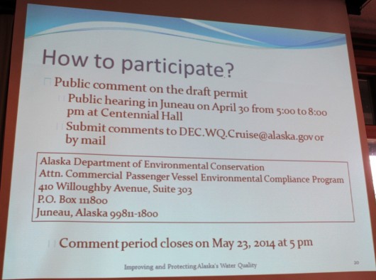 A slide from Michelle Hale's presentation shows how the public can comment on the cruise wastewater permit process.