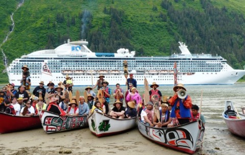 Canoe paddlers wait for permission to disembark at Juneau's Sandy Beach Wednesday afternoon. (Ed Schoenfeld/CoastAlaska)
