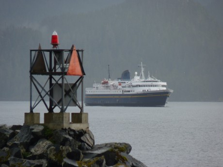 The ferry Malaspina makes a rare visit to waters off downtown Sitka during the 2010 Alaska Day celebration. A state transportation plan would route ferries to a new terminal across Baranof Island at the end of a new road. (Ed Schoenfeld/CoastAlaska News)