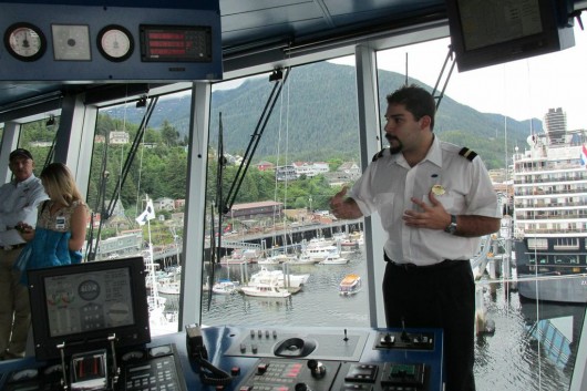 Third officer Valerio explains the equipment in the bridge.