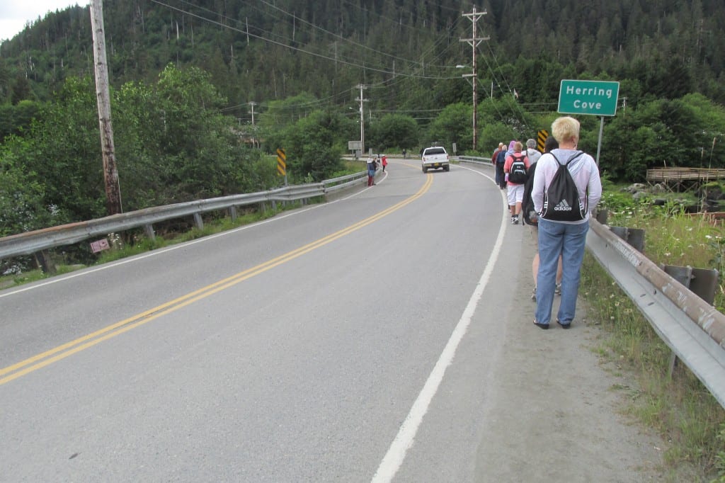 Tourists walk onto the shoulder of the bridge at Herring Cove.