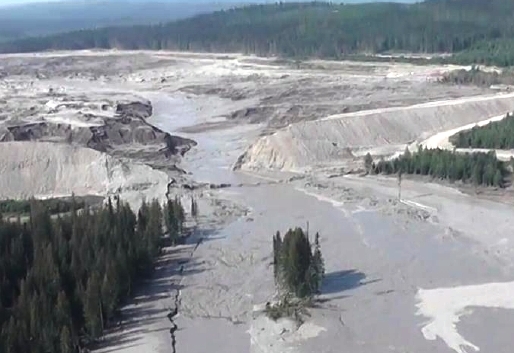 This aerial image shows Monday's Mount Polley Mine tailings dam break and some of the damage downstream. Fishing and environmental groups say the same could happen at new B.C. mines near the Southeast border. (Cariboo Regional District Emergency Operations Centre photo)