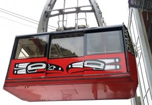 Goldbelt's Mt. Roberts Tram gondola Chaak (Eagle) enters its loading bay near Juneau's waterfront. (Ed Schoenfeld, CoastAlaska News)