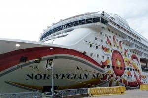 The cruise ship Norwegian Sun docks at Juneau’s waterfront on Sept. 24, one of the last days of 2014′s tourism season. (Ed Schoenfeld, CoastAlaska News)