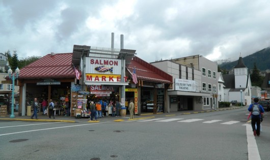 Mission Street in downtown Ketchikan is busy during the summer tour season, with many shops lining the street. 