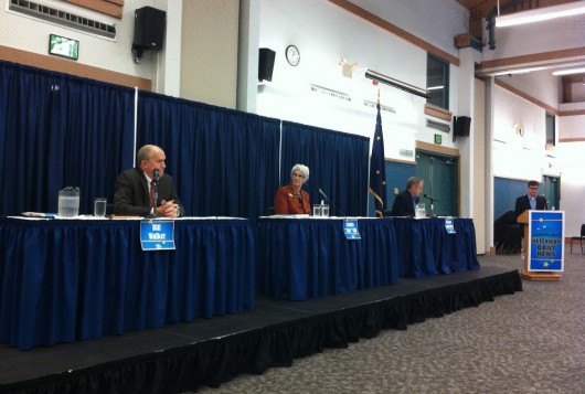 From left: Bill Walker, Care Clift and Sean Parnell at Wednesday's debate for candidates running for Alaska governor. Nick Bowman of the Ketchikan Daily News moderates.