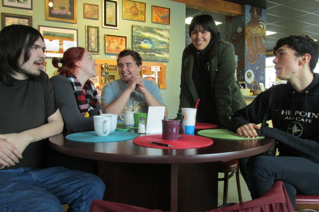 Jacob Trumble, Holly Nore, Tyler Varner, "Izm," and Austin Kalkins meet up in a casual support group for LGBTQ people in Ketchikan.