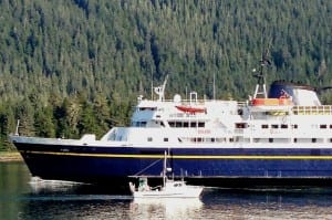 The ferry Taku sails into the Wrangell Narrows on its way south in 2013. It's part of an aging fleet needing repair or replacement. (Ed Schoenfeld/CoastAlaska News)