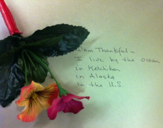 The Ketchikan Public Library has a display near the front desk where people can write down what they are thankful for. 