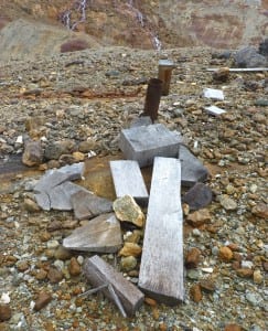 A rusty pipe marks the first drilling site at the KSM Prospect. (Ed Schoenfeld, CoastAlaska News)