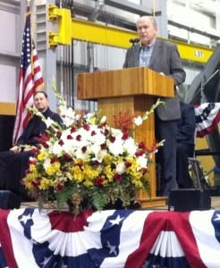 Gov. Bill Walker speaks during the keel-laying ceremony at Vigor Alaska's shipyard in Ketchikan.
