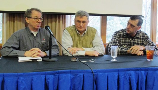From left, Doug Ward of the Ketchikan shipyard, Capt. John Falvey of the Alaska Marine Highway System and Troy Tacker of the shipyard, talked about the two new ferries that the shipyard is building for the state. 