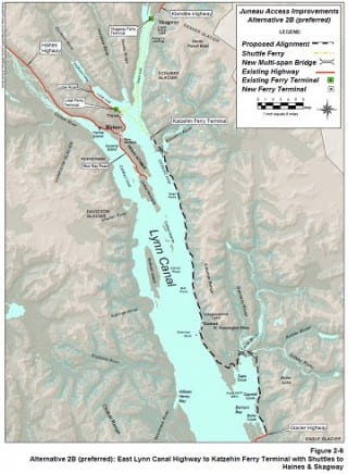 DOT's preferred alternative would extend Glacier Highway about 50 miles to a ferry terminal at the Katzehin River. (Courtesy Alaska Department of Transportation and Public Facilities)