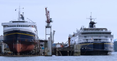 The ferries Malaspina and Columbia are out of service for repairs at the Ketchikan Shipyard in 2012. More ferries will be tied up this summer under planned legislative budget cuts. (Ed Schoenfeld/CoastAlaska News)