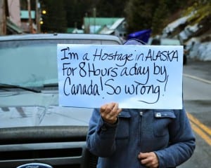 Residents of Hyder, Alaska, and Stewart, British Columbia, protest the nighttime closure of the border between the two towns April 1. (Courtesy Sylvia Alderton/The Terrace Standard)