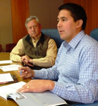 Sealaska CEO Anthony Mallott, right, discusses the regional Native corporation's earnings and losses during a Friday press conference as Chief Financial Officer Doug Morris looks on. (Photo by Ed Schoenfeld/CoastAlaska News)