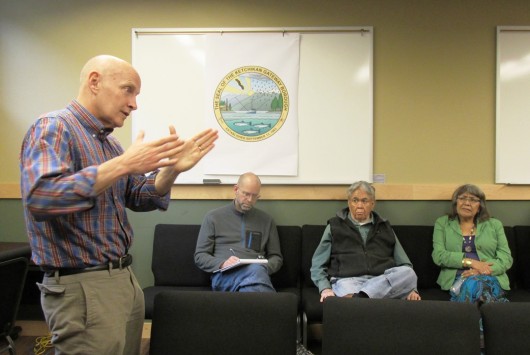 Rep. Dan Ortiz talks during a town-hall-style meeting Thursday at the White Cliff building. 