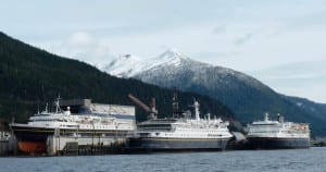 Three ferries docked at the Ketchikan Shipyard. (KRBD file photo)