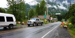 Vehicles cross the border from Hyder to Stewart after the crossing gate was opened this past weekend. (Photo by Carol Denton)