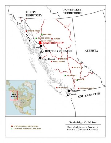 Other British Columbia mines and mine projects being watched by Alaska critics include the KSM, Red Chris and Galore Creek. (Map courtesy Seabridge Gold)