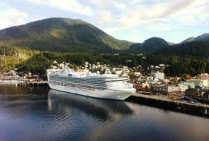 A cruise ship is docked at Ketchikan's downtown Berth 2. About 1 million cruise passengers visited Southeast in 2015. (Photo by Leila Kheiry)