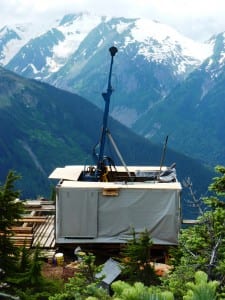 A KSM drill rig perches above a deep valley about 80 miles east of Wrangell. (Ed Schoenfeld/CoastAlaska News)