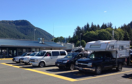 Cars and trucks line up to board the ferry Chenega in Sitka on Sept. 13, 2015. The ferry system carries traffic that ends up in Anchorage and Fairbanks, a new study says. (Ed Schoenfeld/CoastAlaska News)