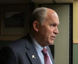Gov. Bill Walker talks with local media after meeting with local officials to discuss Gravina access. (Photo by Leila Kheiry)