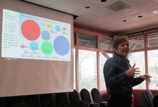Michelle O'Brien talks about social media for businesses at this week's Ketchikan Chamber of Commerce lunch. (Photo by Leila Kheiry)