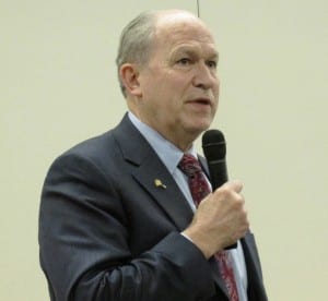 Gov. Bill Walker addresses a Ketchikan town-hall meeting Monday at the Ted Ferry Civic Center. (Photo by Leila Kheiry)