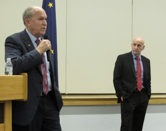 Gov. Bill Walker and Rep. Dan Ortiz heard input from Ketchikan residents during a town-hall meeting on Monday, Feb. 29. (Photo by Leila Kheiry)