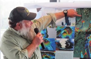 Jim Baichtal points out where volcanoes are located in the Ketchikan area. (Photo by Leila Kheiry)