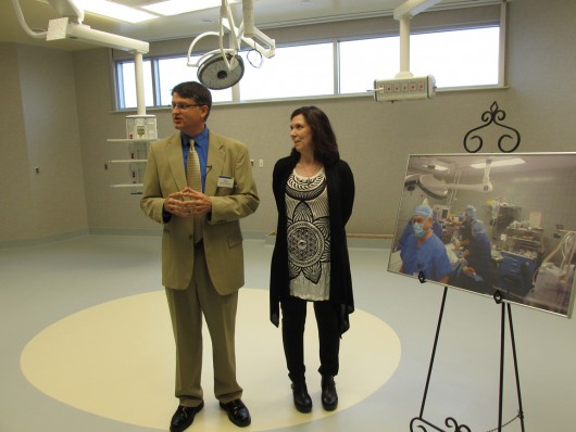 Hospital Foundation Director and Surgery Manager Kimm Schwartz talk about the new, much-larger operating rooms in the PeaceHealth Ketchikan Medical Center addition. (Photo by Leila Kheiry)
