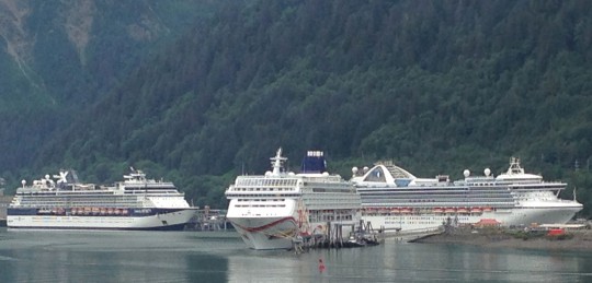 Three cruise ships dock in downtown Juneau July 14, at the height of the tourist season (Photo by Ed Schoenfeld/CoastAlaska News)
