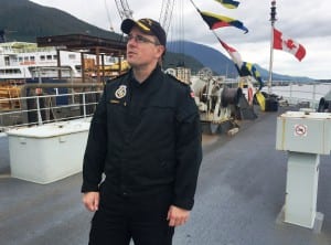Whitehorse CO Shane Denneny on the deck of the Canadian Navy ship. (Photo by Leila Kheiry)