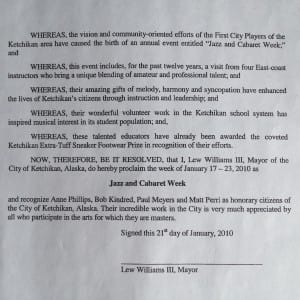 A copy of the proclamationhonoring Jazz and Cabaret week and guest artists.