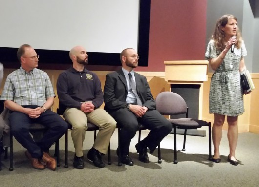 Panelists at the Sept. 20 drug forum at the Southeast Alaska Discovery Center  included law enforcement, health professionals and a recovering addict. (Photo by Deb Turnbull)
