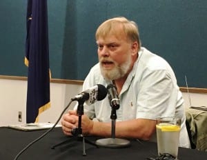 Spencer Strassburg speaks during a Chamber of Commerce candidate forum. (Photo by Leila Kheiry)