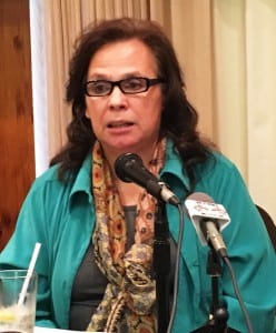 Sue Pickrell speaks at the Chamber of Commerce candidate forum. (Photo by Leila Kheiry)