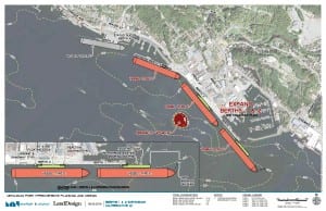 Options for changing the dock include lengthening the Berth 3 floating barge, extending Berth 1, and adding floating docks to Berths 1 and 2.  (Image courtesy City of Ketchikan Port and Harbors Department)