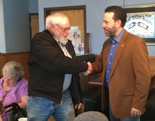 Libertarian candidate for U.S. Senate Joe Miller meets supporters during a campaign trip to Ketchikan. (Photo by Leila Kheiry)