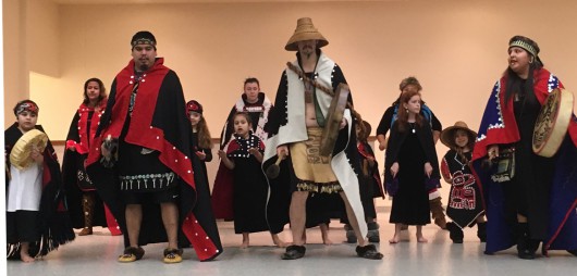 The New Path Dancers perform before Wednesday's Ketchikan School Board meeting in the Saxman Community Hall. (Photo by Leila Kheiry)