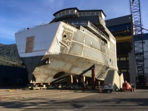 The forward half of the Alaska Class Ferry Tazlina moved out of the assembly hall at the Vigor Alaska shipyard in Ketchikan. (Photo by Leila Kheiry)