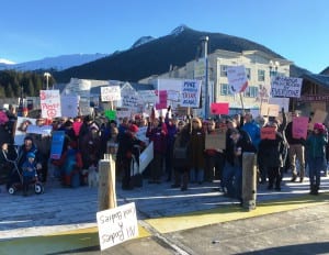 Ketchikan's Women's March participants gathered for a group photo before the march. (Photo by Leila Kheiry)