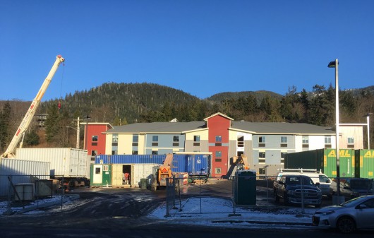 The new My Place hotel in Ketchikan is under construction, but officials plan to open in early February. (KRBD photo by Leila Kheiry)