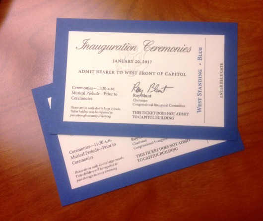 Ketchikan resident Trevor Shaw and his wife were able to attend Donald Trump's inauguration. Pictured are tickets to the big event. (Photo courtesy Trevor Shaw)